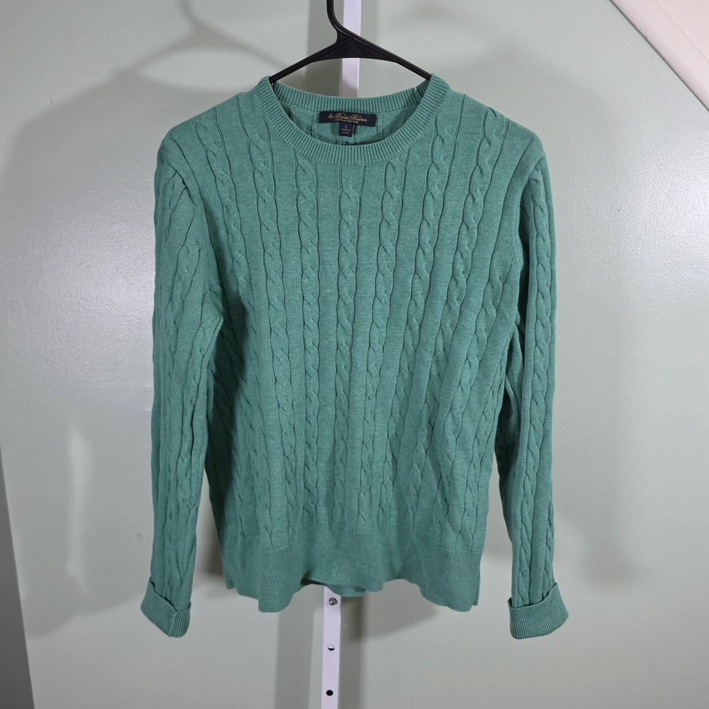Brooks Brothers Mens Linen‎ Cable Knit Sweater Teal Green Size Large Preppy Golf